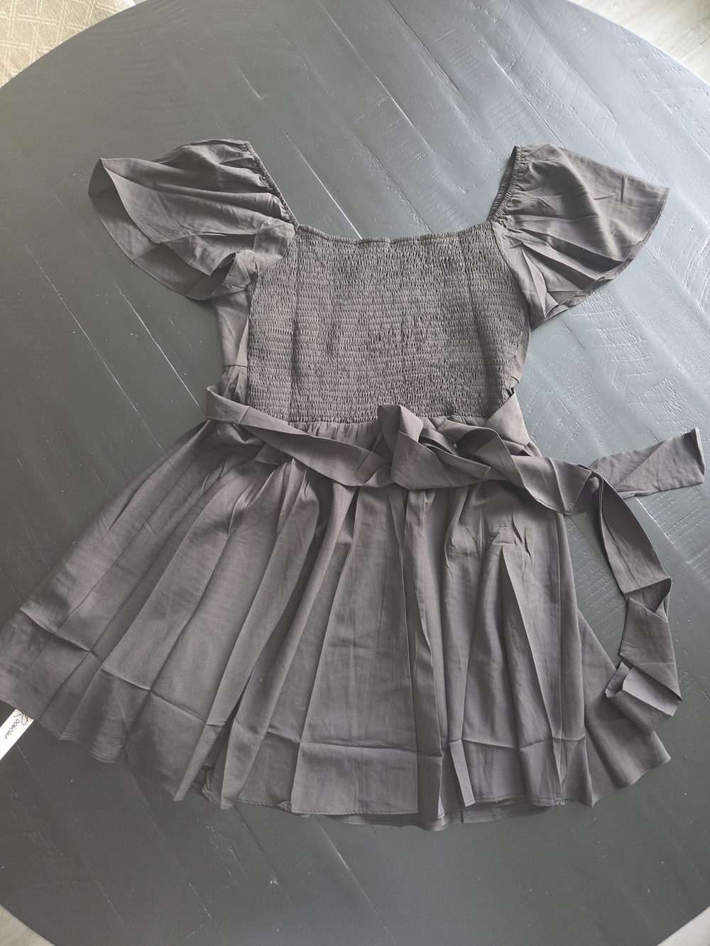 Smocked Puff-Sleeve Mini Dress with Waist Tie - Charcoal Gray